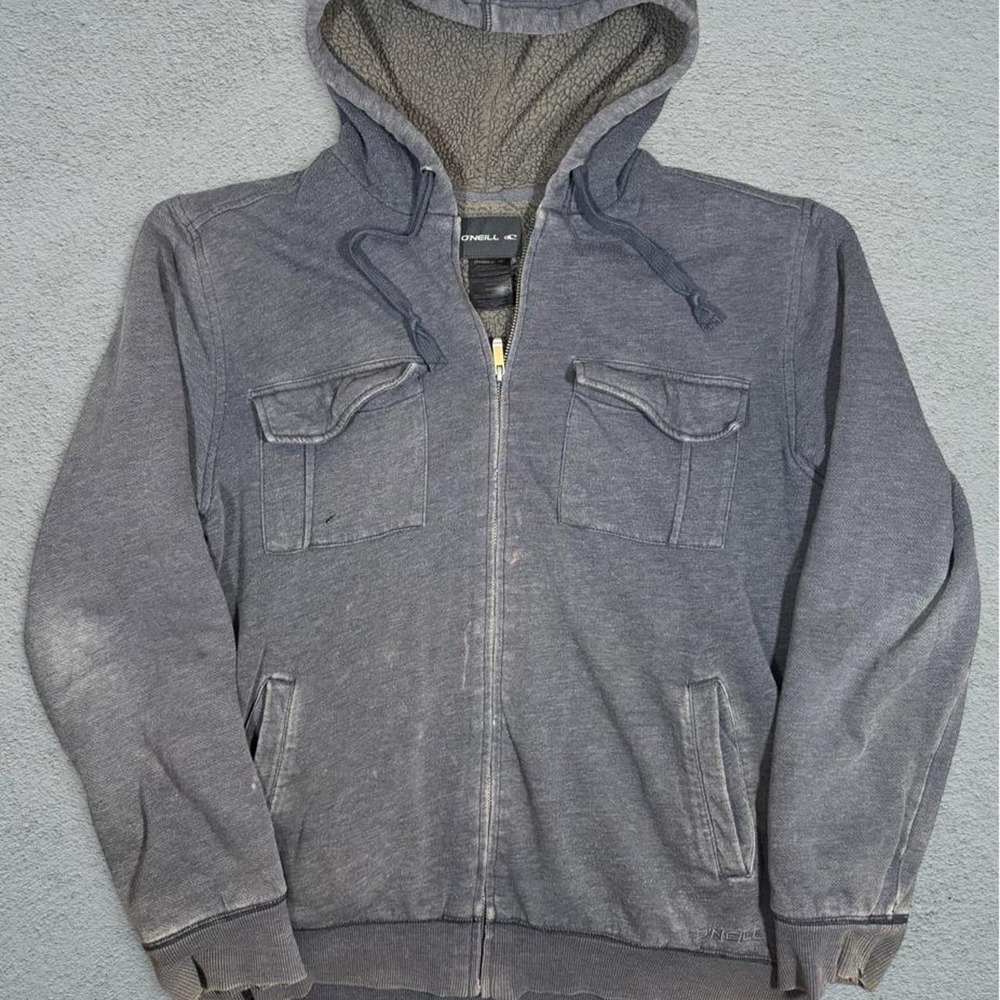 ONeill Mens Gray Sherpa Lined Full Zip Hoodie Y2K Skater Surf Size Medium